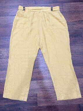 Ellen Tracy Linen Pants XL Mustard Yellow 100% Linen Pull On Straight Leg